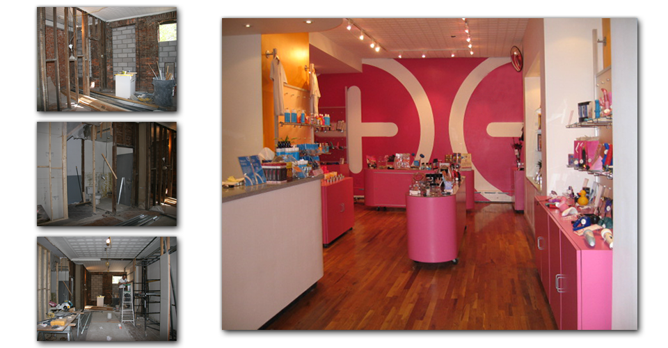 Retail enviornment design for Babeland Brooklyn. Interior of store. Mural on back wall.