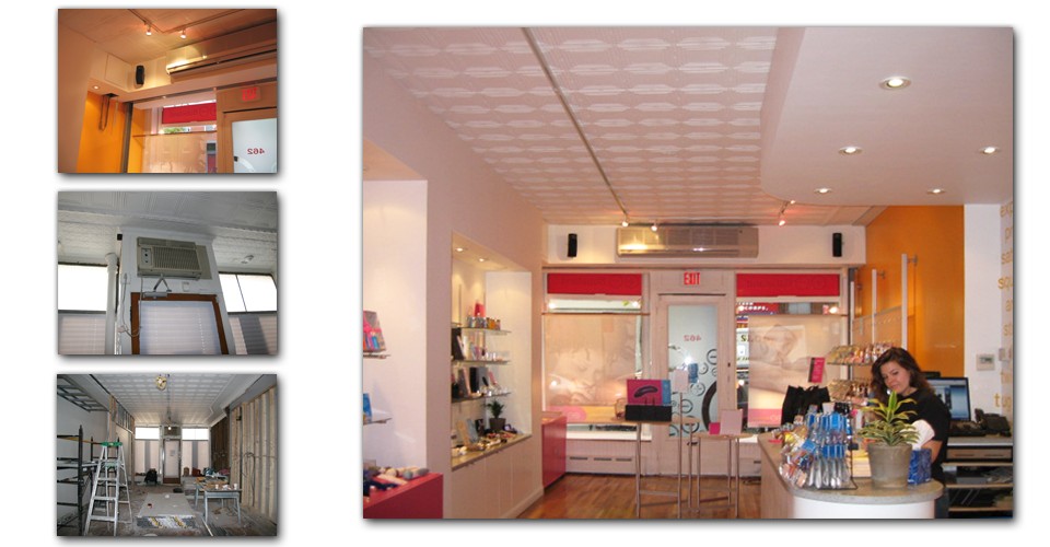 Retail enviornment design for Babeland Brooklyn. Interior of store front with gate soffit.