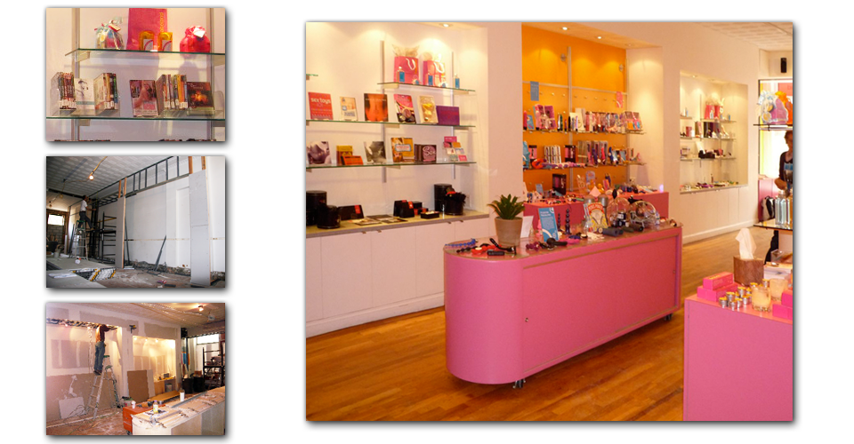 Retail enviornment design for Babeland Brooklyn. Wall niches and island fixtures.