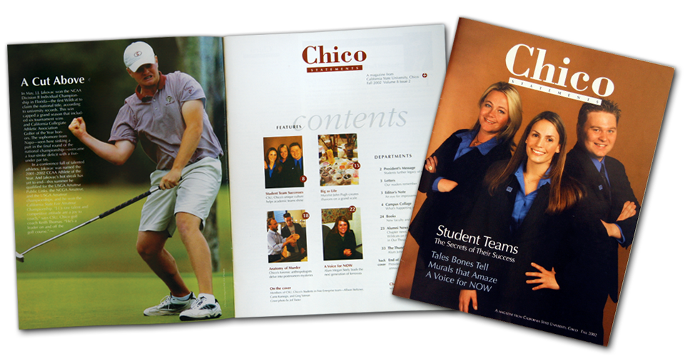 Art direction and layout for California State University, Chico alumni magazine. Cover and contents.
